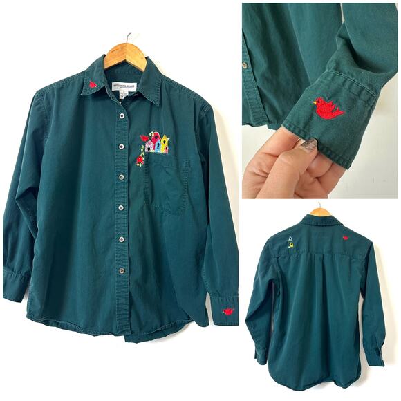 Montana Blues Tops - VTG 90s Embroidered Birds Button Up Shirt Birdhouse Green S Cottage Whimsical